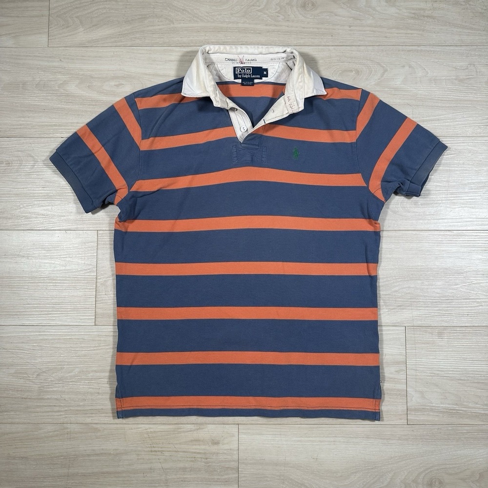 Polo Ralph Lauren Shirt Mens Medium Orange Blue Stripe Rugby Custom Fit Pony